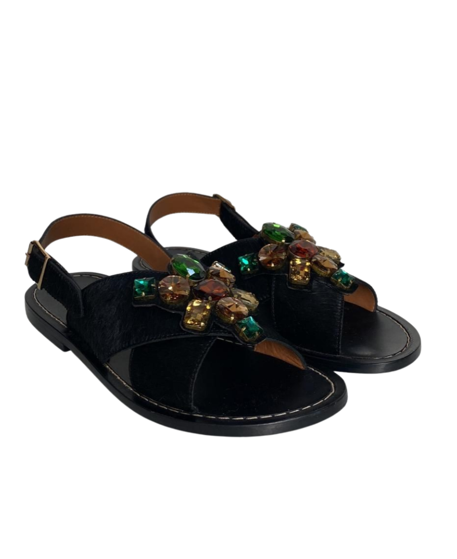 Marni Black Flat Sandals with Multicolor Stones